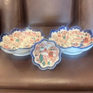 Nippon Cobalt Bowls Imari Japan Scene Hand Painted Geisha Girls 3 Bowls Antique